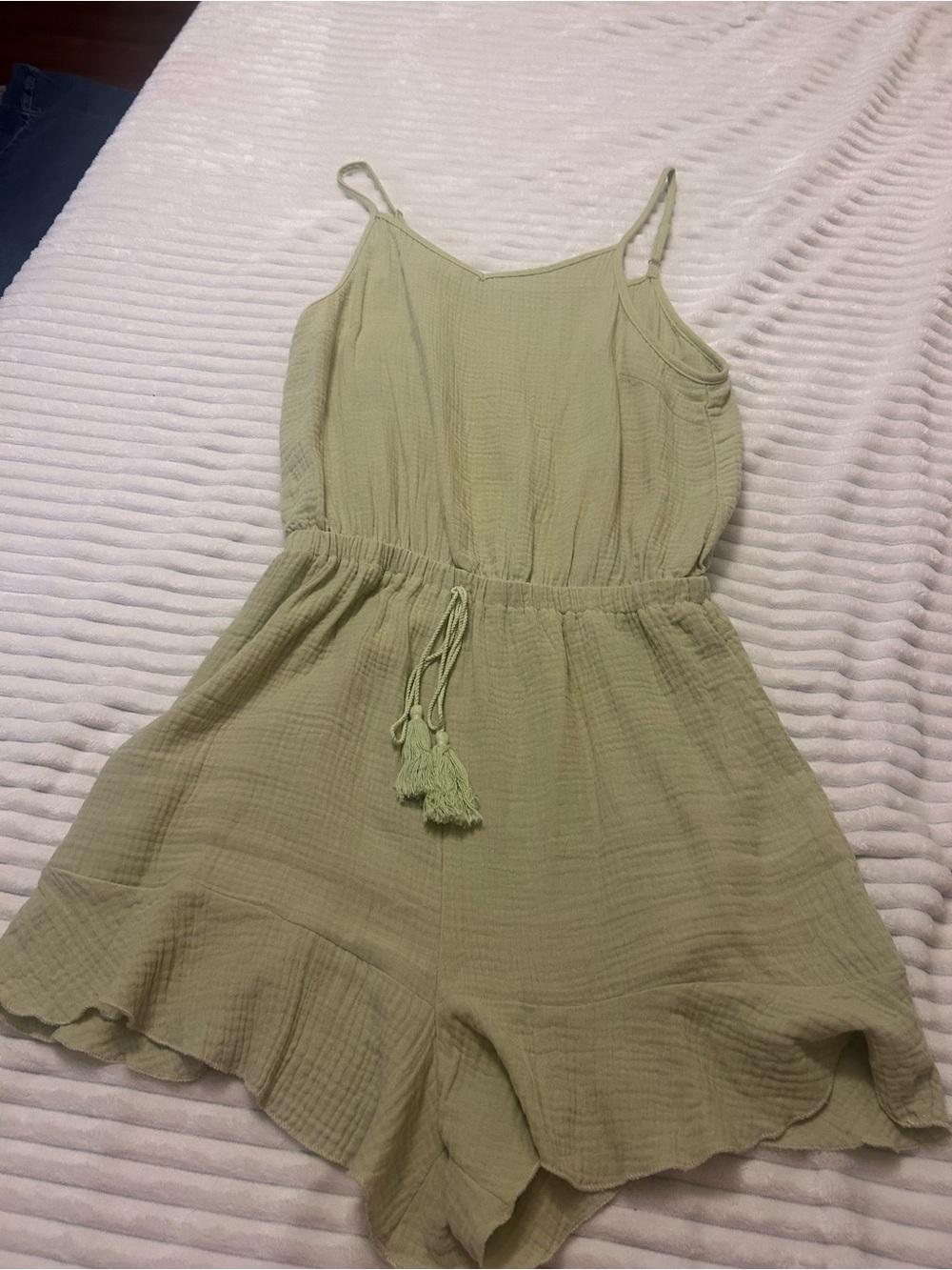 Cupshe Sage Green Gauze Romper with Spaghetti Straps
